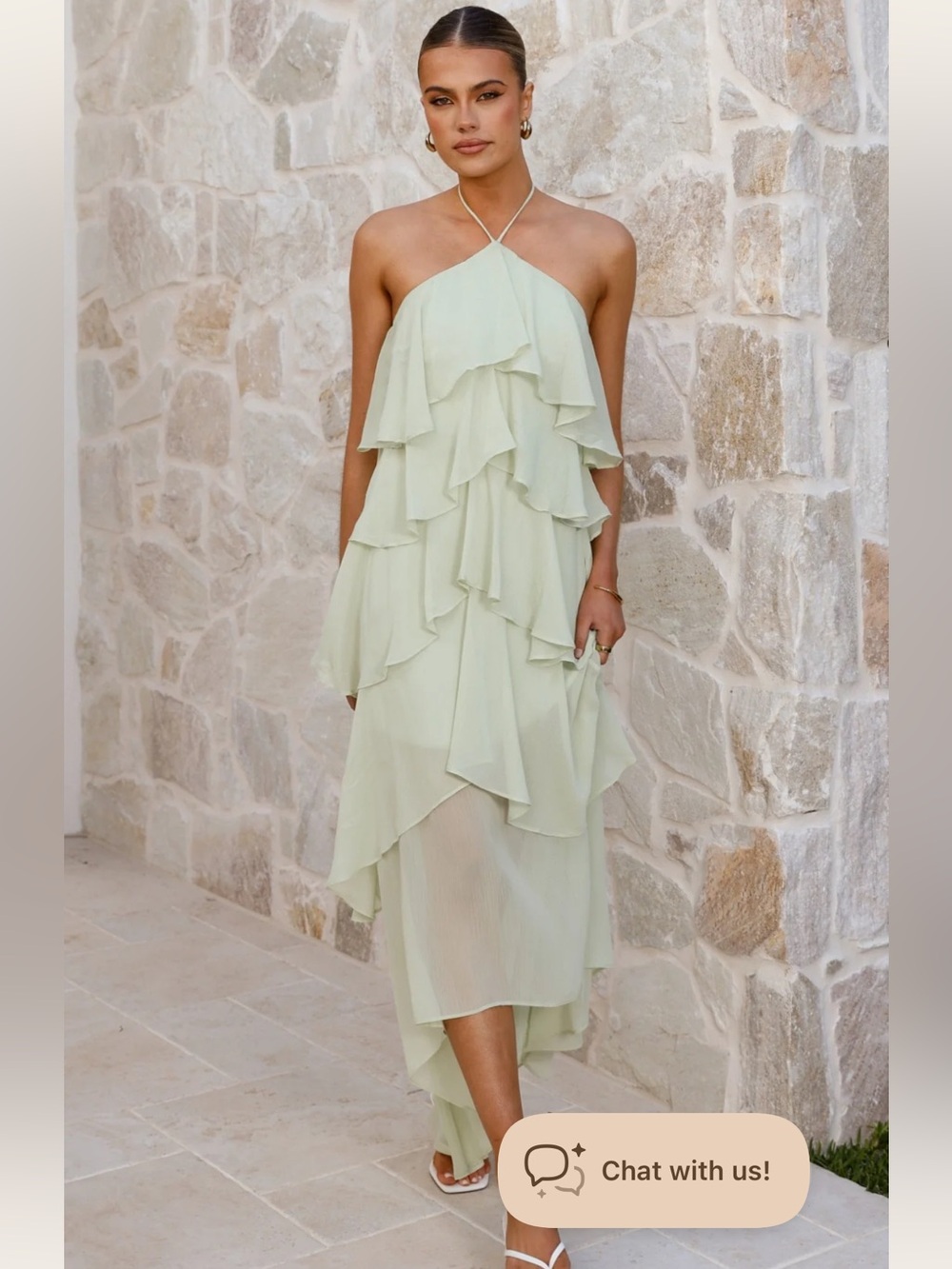 Light Sage Halter High-Low Ruffle Midi Dress